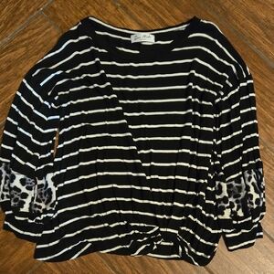 Chic Striped Blouse with Animal Print Sleeves